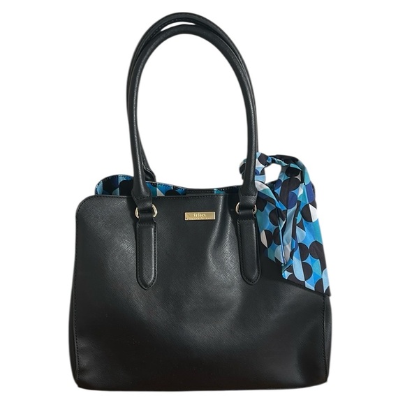 TRINA TURK BLACK VEGAN SHOULDER BAG BLUE BLACK DOT INTERIOR WITH BAG SCARF - Picture 1 of 16